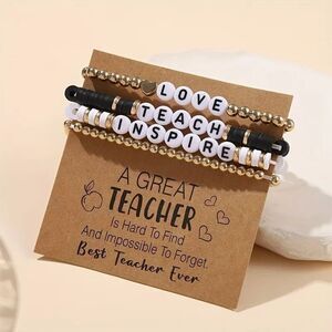 Teach Inspire Bracelet Stack – 4pc Black White Gold Gift Set for Teachers